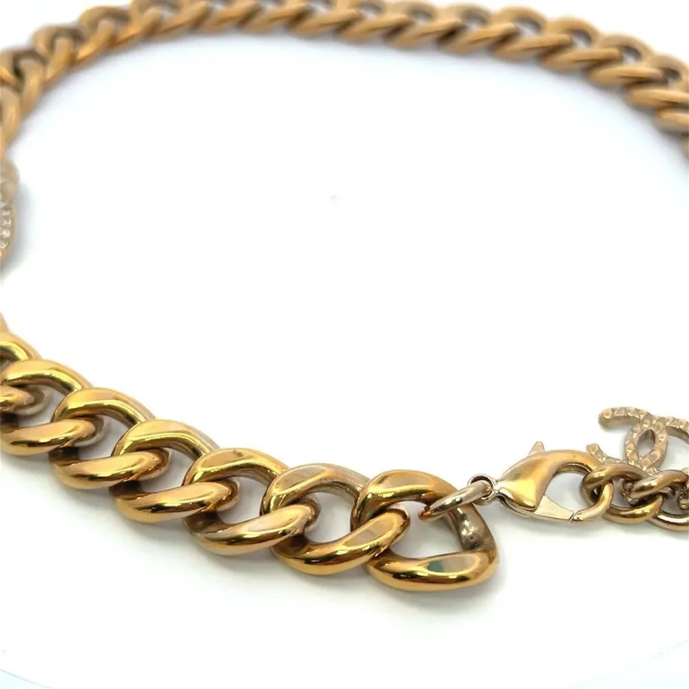 Chanel REV Gold Golden Cuban Link Chain Crystal CC Logo Choker Pendant Necklace